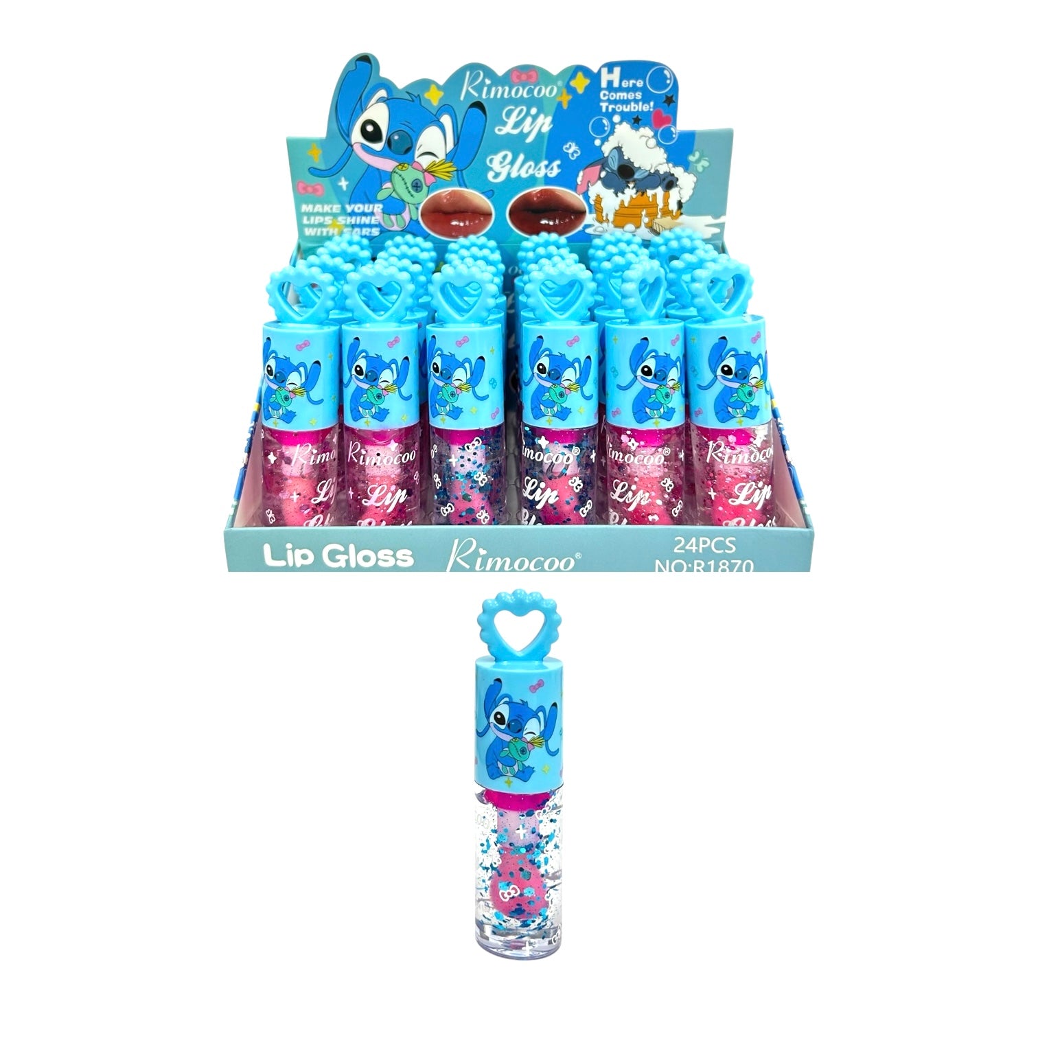 BRILLO MAGICO GLITTER APLICADOR GRANDE TAPA AZUL STITCH Y SCRUMP RIMOCOO