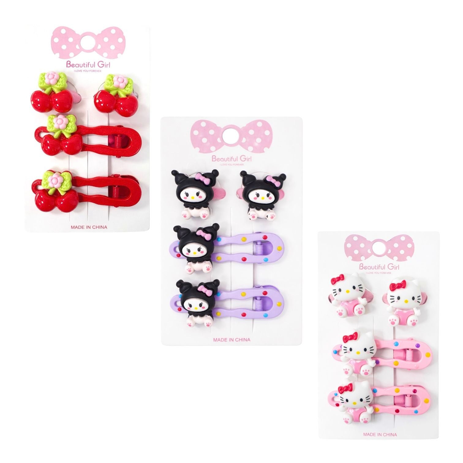 CARTON X2 PINZAS Y 2 MOÑITAS HELLO KITTY KUROMI CEREZAS BEAUTIFUL GIRL